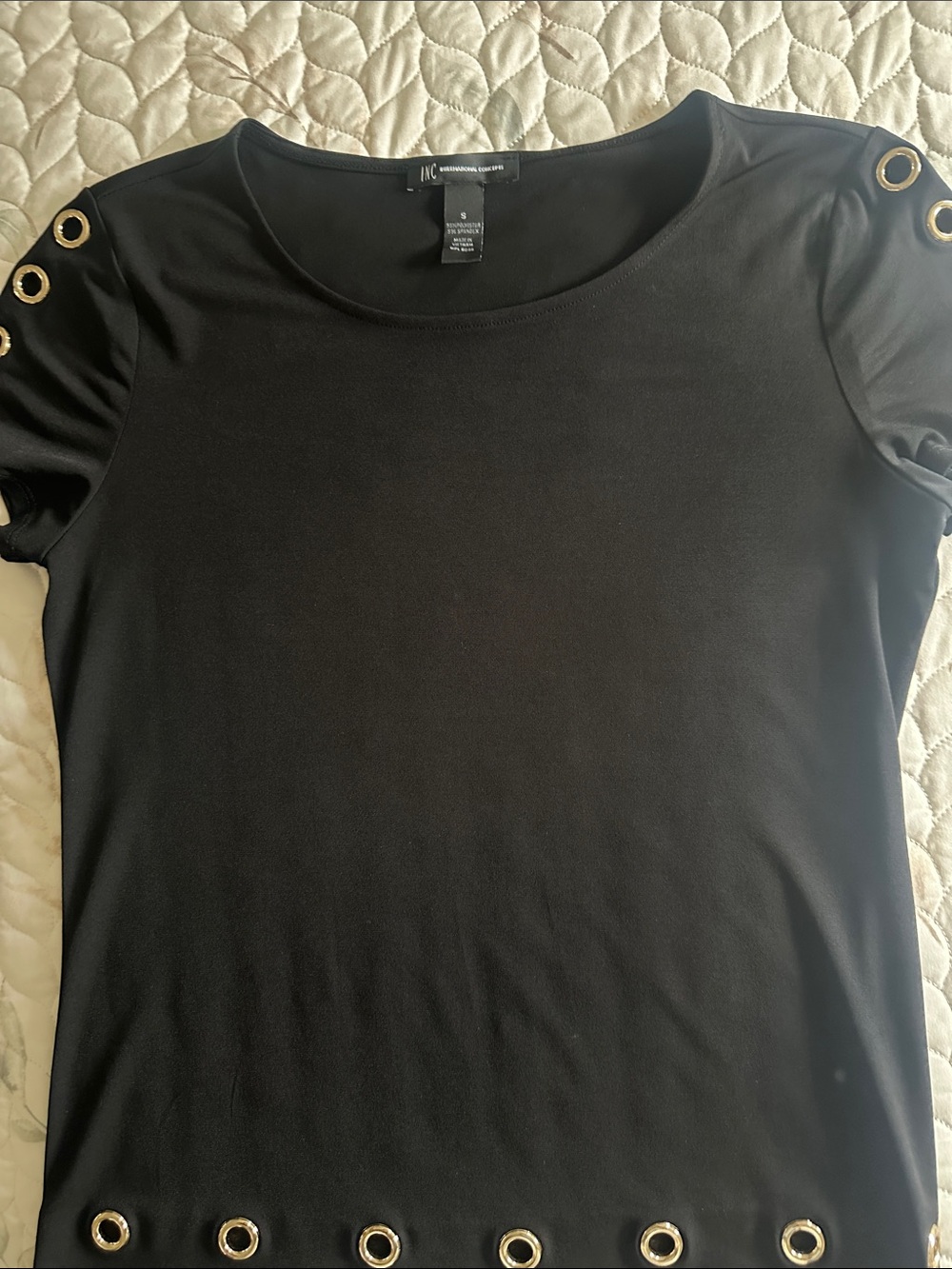 INC International Concepts Black Short-Sleeve Grommet Detail Top
